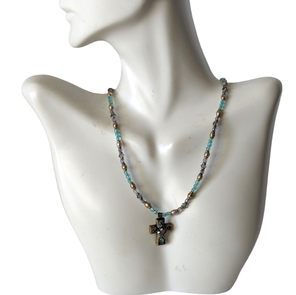 Vintage Michal Golan Handcrafted Semipreciius Stone Beads Ornate Cross Necklace - Picture 1 of 8